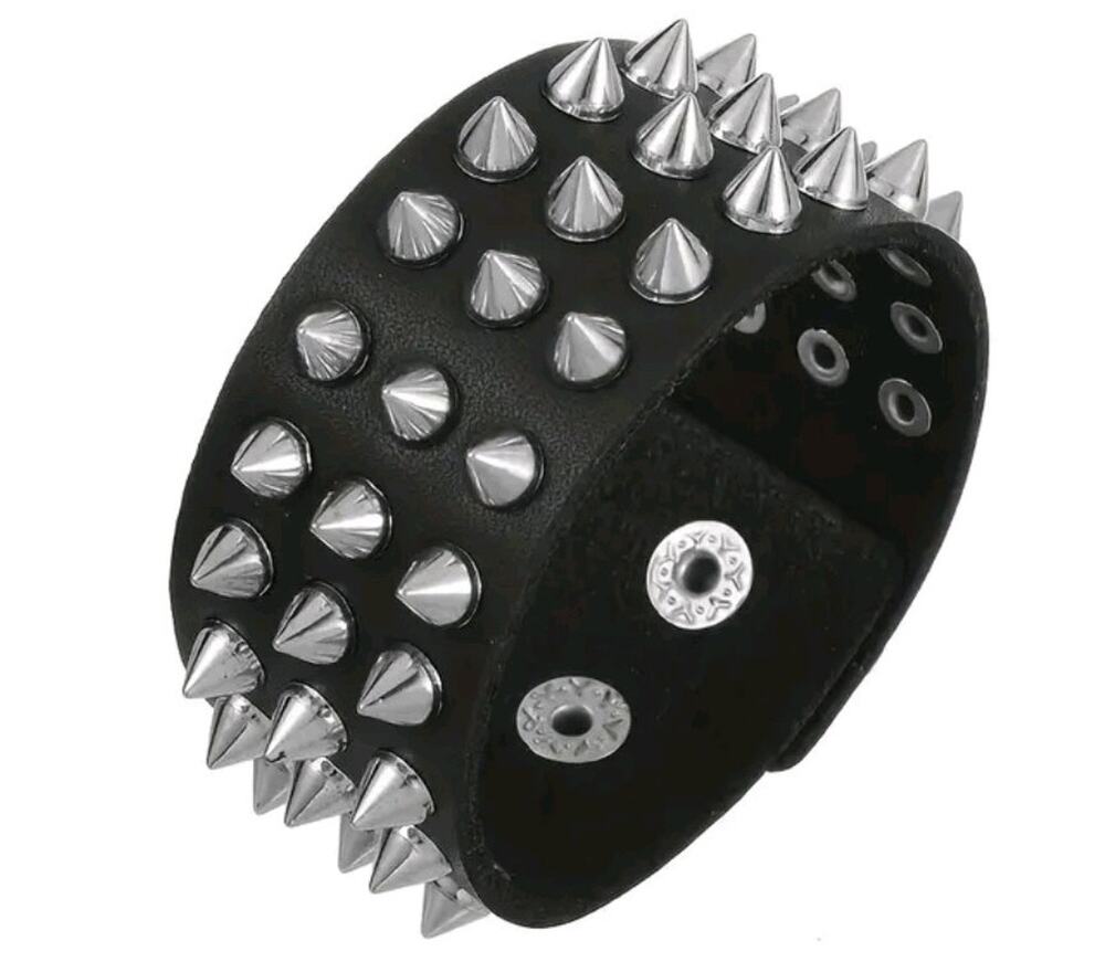 Black Leather Punk Rock Spike Cuff Bracelet Triple Row Studs Snap Wristband New